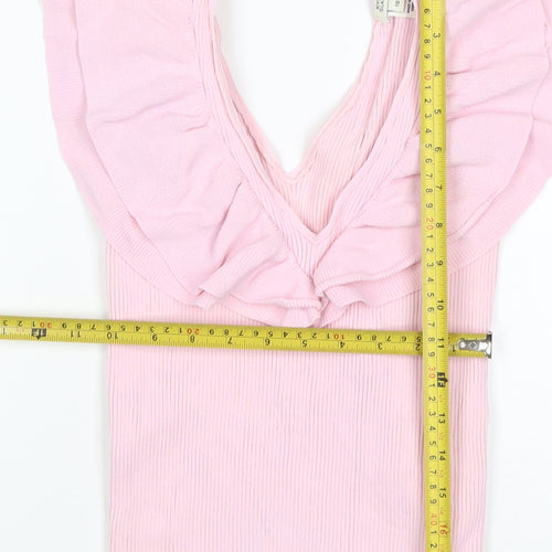 River Island Women Pink Size 10 Rib Knit Ruffle V-Neck Top