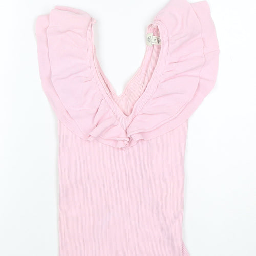 River Island Women Pink Size 10 Rib Knit Ruffle V-Neck Top