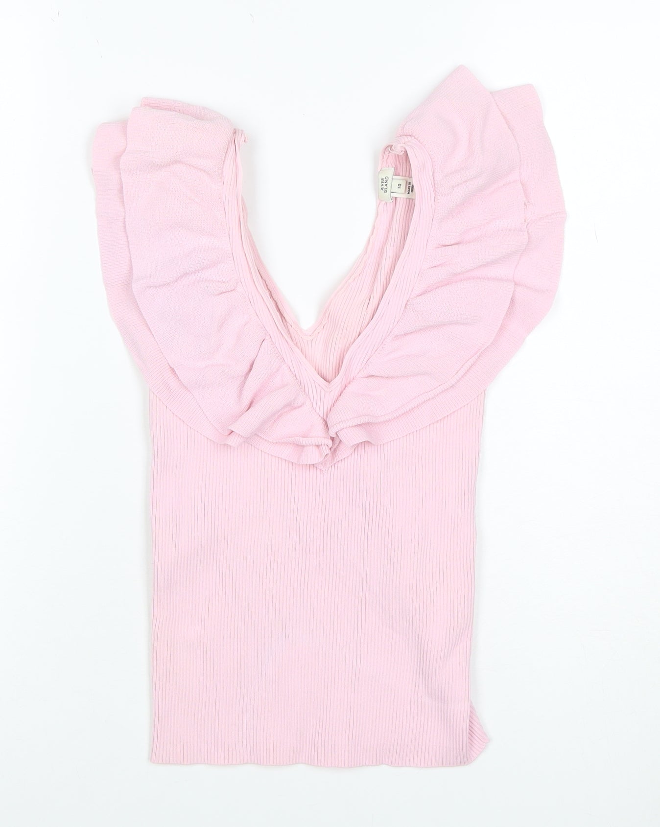 River Island Women Pink Size 10 Rib Knit Ruffle V-Neck Top
