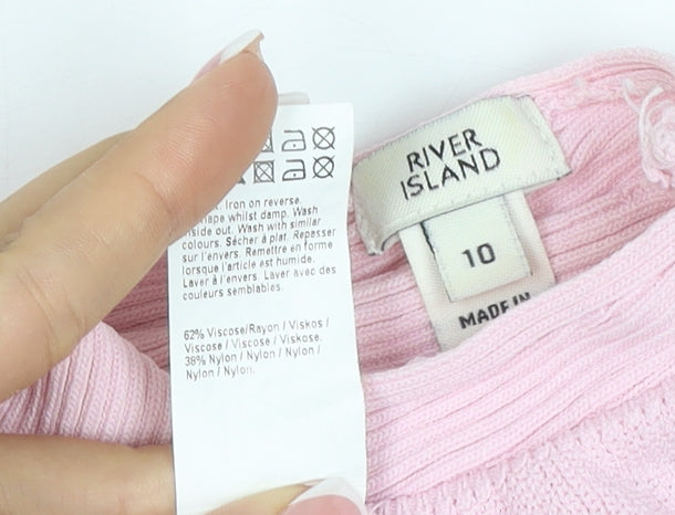 River Island Women Pink Size 10 Rib Knit Ruffle V-Neck Top