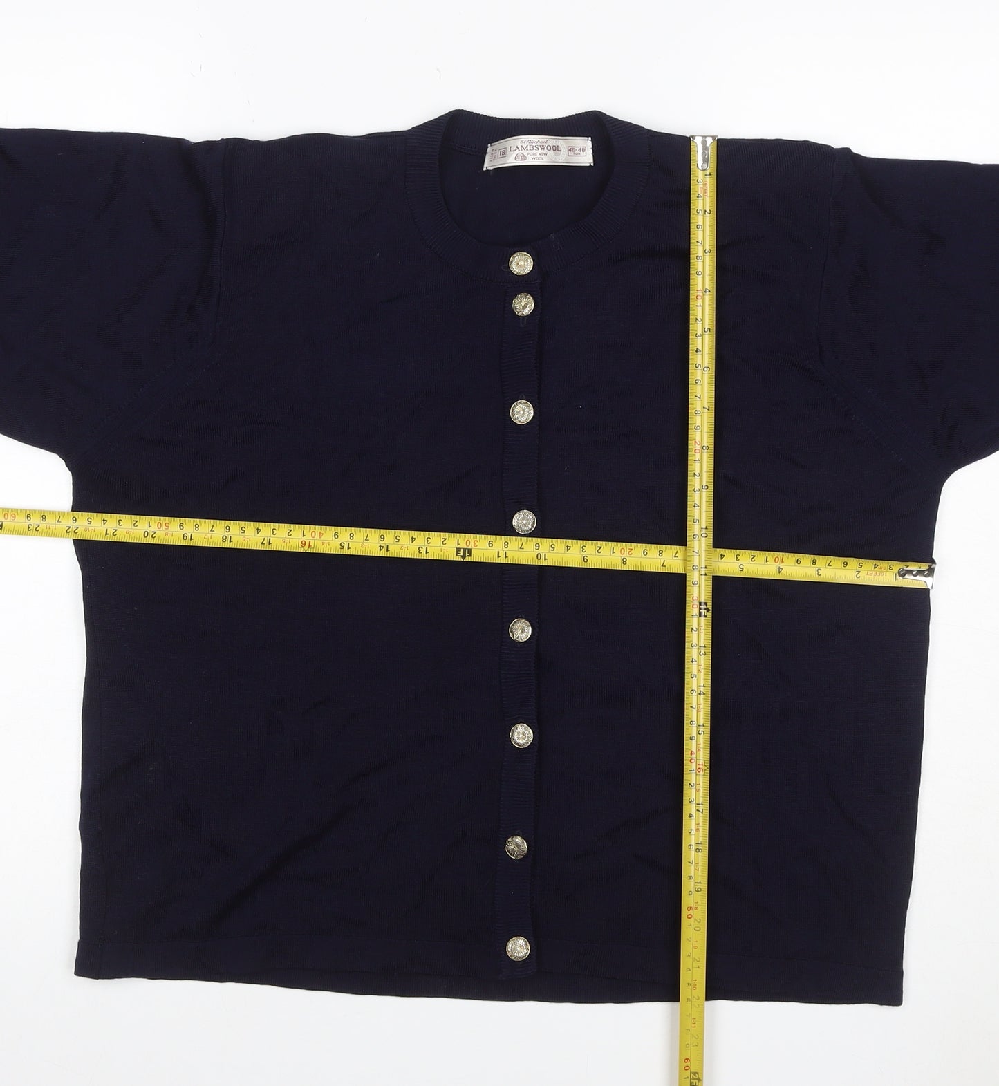 St Michael Women Navy Lambswool Cardigan UK 18 Gold Button Round Neck