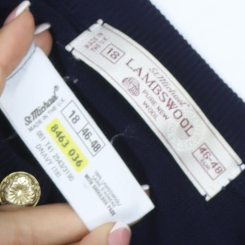St Michael Women Navy Lambswool Cardigan UK 18 Gold Button Round Neck
