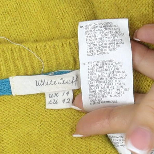 White Stuff Women’s Yellow UK 14 Cotton Raglan Round Neck Knit Jumper