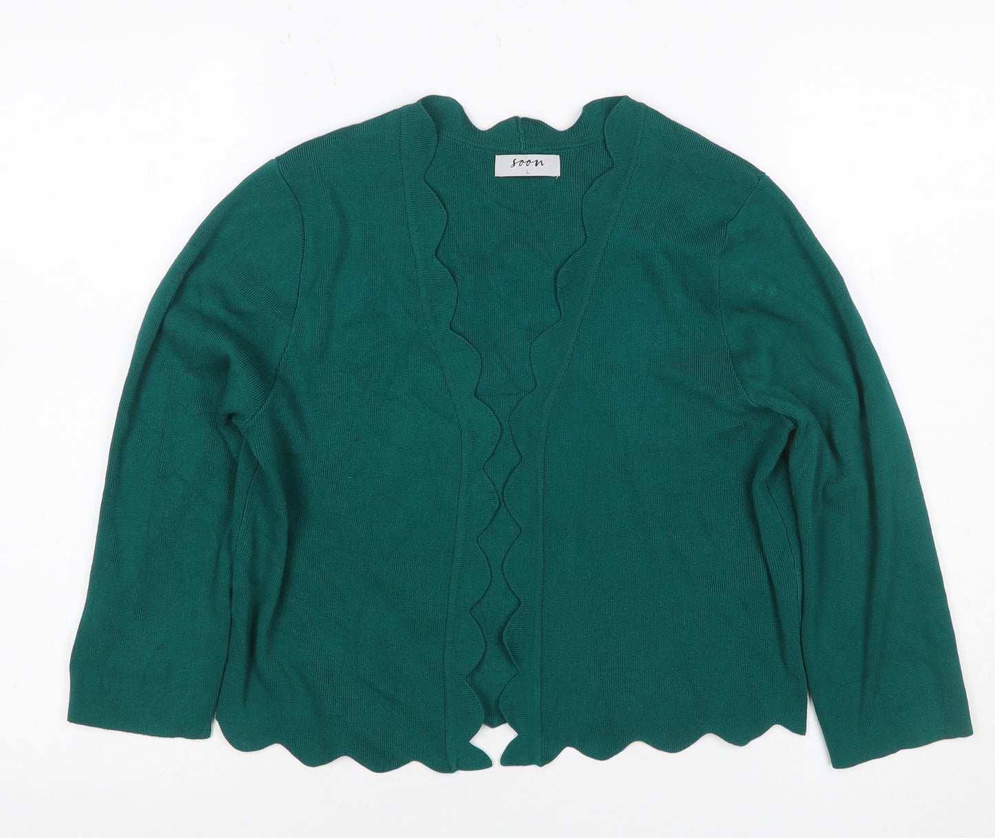 Soom Women Green L Open Scallop Edge Knit Cardigan Long Sleeve