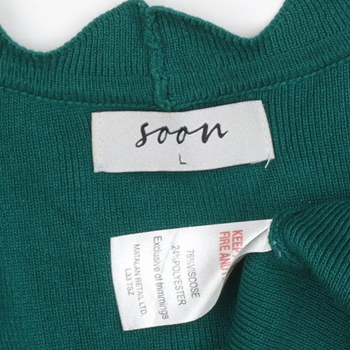 Soom Women Green L Open Scallop Edge Knit Cardigan Long Sleeve