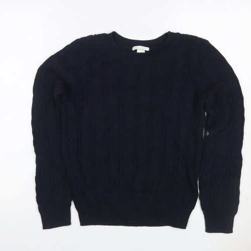 Basic Women’s Blue S Cable Knit Crew Neck Cotton Pullover Jumper