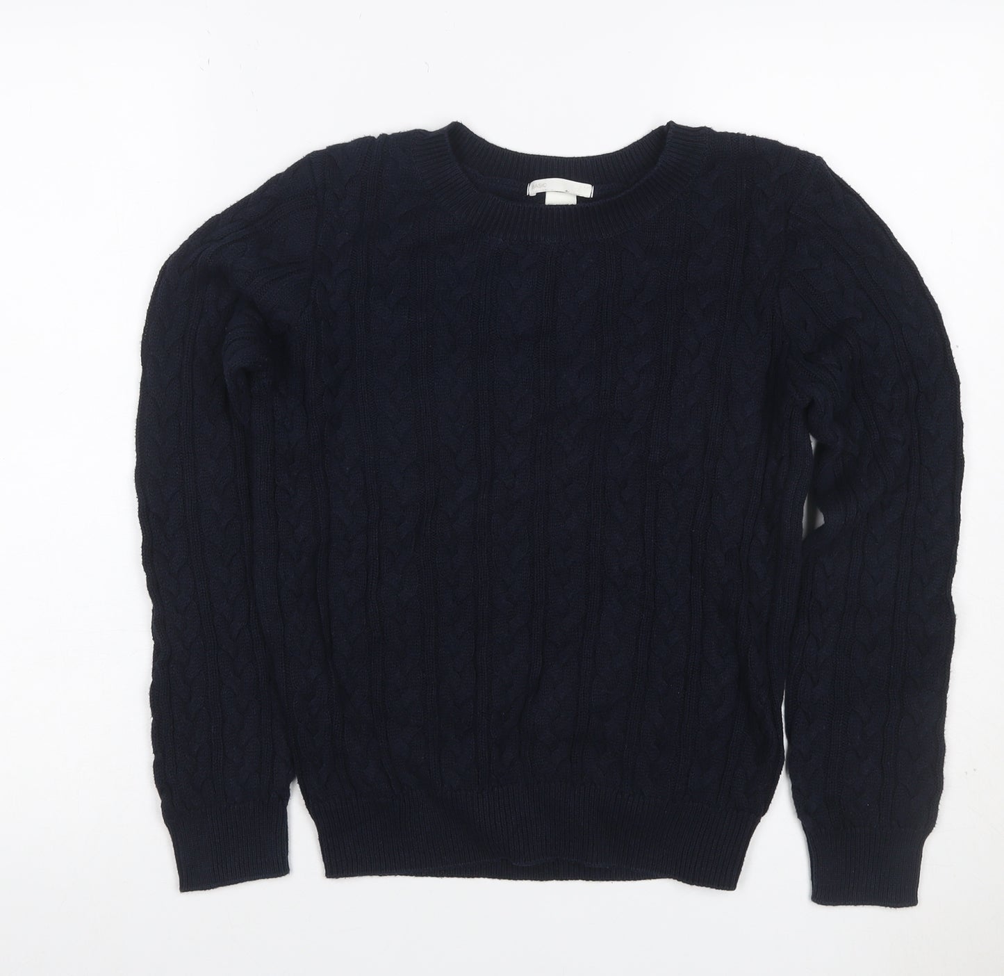 Basic Women’s Blue S Cable Knit Crew Neck Cotton Pullover Jumper