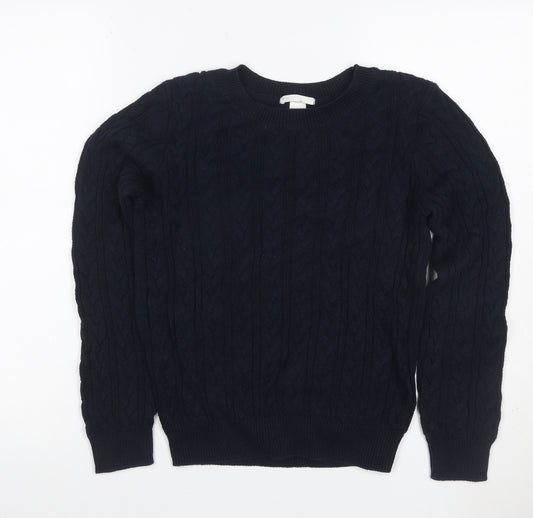 Basic Women’s Blue S Cable Knit Crew Neck Cotton Pullover Jumper