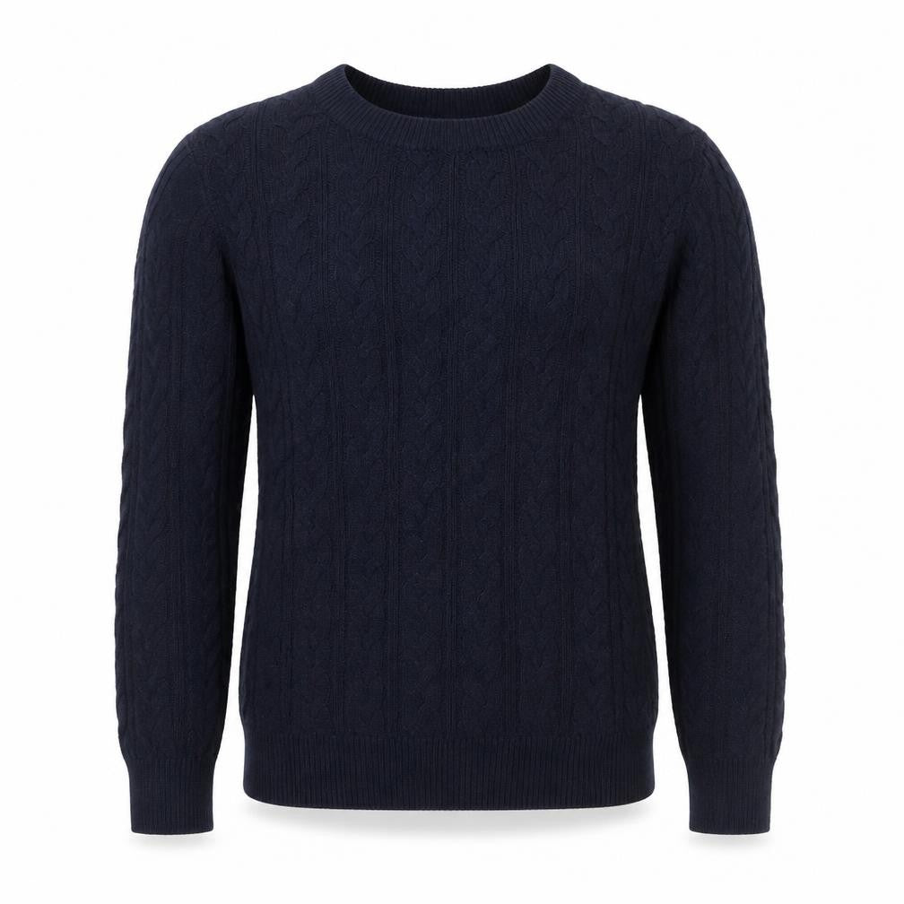Front view of Basic Women’s Blue S Cable Knit Crew Neck Cotton jumper