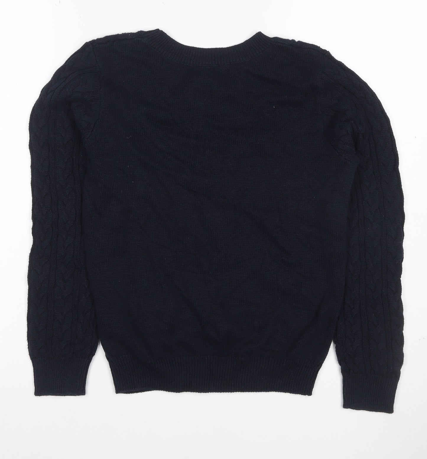 Basic Women’s Blue S Cable Knit Crew Neck Cotton Pullover Jumper