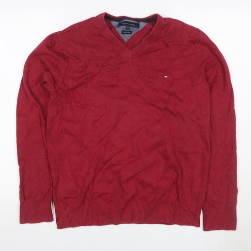 Tommy Hilfiger Men’s Red M Cotton Cashmere V-Neck Logo Pullover Jumper