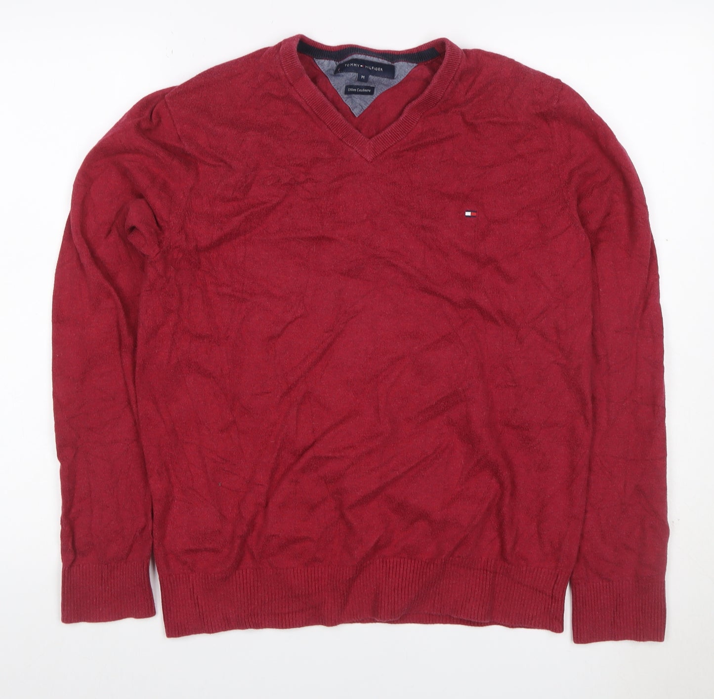 Tommy Hilfiger Men’s Red M Cotton Cashmere V-Neck Logo Pullover Jumper