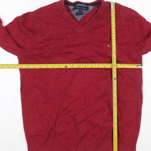 Tommy Hilfiger Men’s Red M Cotton Cashmere V-Neck Logo Pullover Jumper