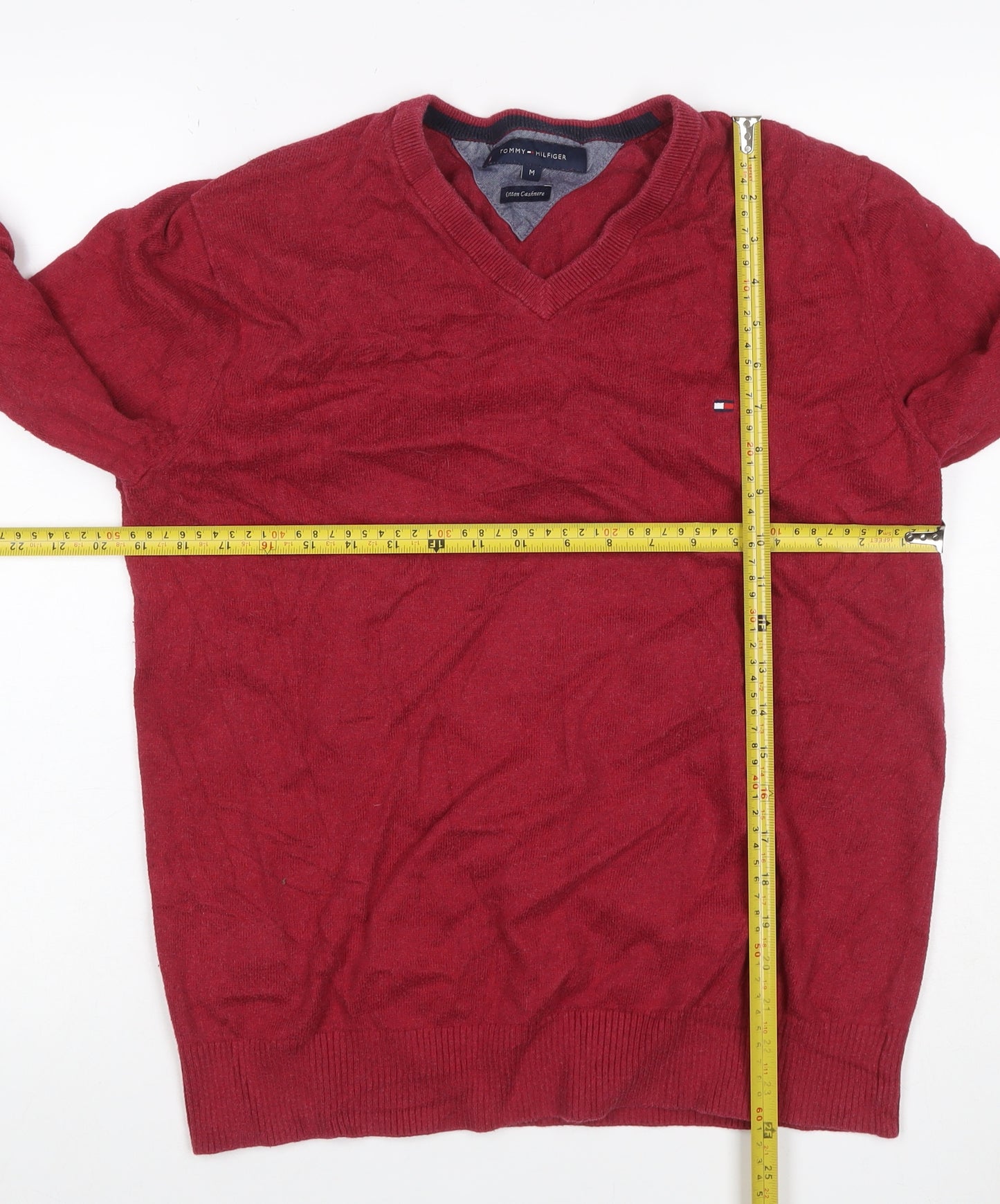 Tommy Hilfiger Men’s Red M Cotton Cashmere V-Neck Logo Pullover Jumper