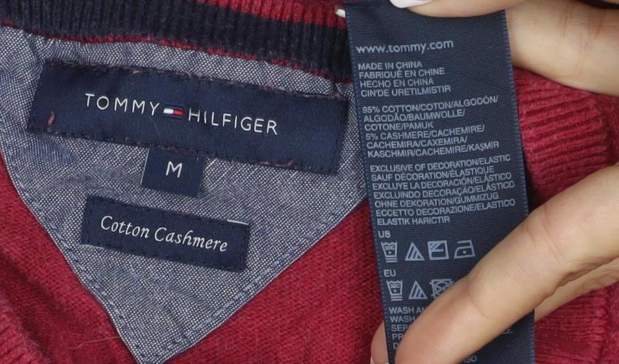 Tommy Hilfiger Men’s Red M Cotton Cashmere V-Neck Logo Pullover Jumper