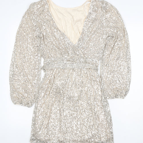 Apricot Women Silver Sequin Wrap Dress UK 10 Long Balloon Sleeve
