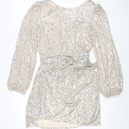 Apricot Women Silver Sequin Wrap Dress UK 10 Long Balloon Sleeve