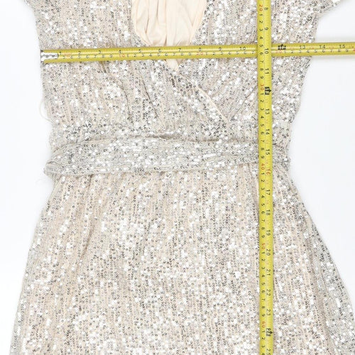 Apricot Women Silver Sequin Wrap Dress UK 10 Long Balloon Sleeve