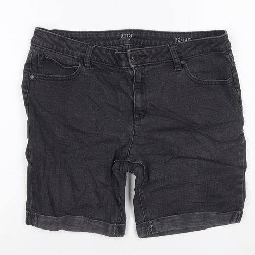 ANA Women’s Black Denim Bermuda Shorts UK 14 Petite 32in Waist Cuffed