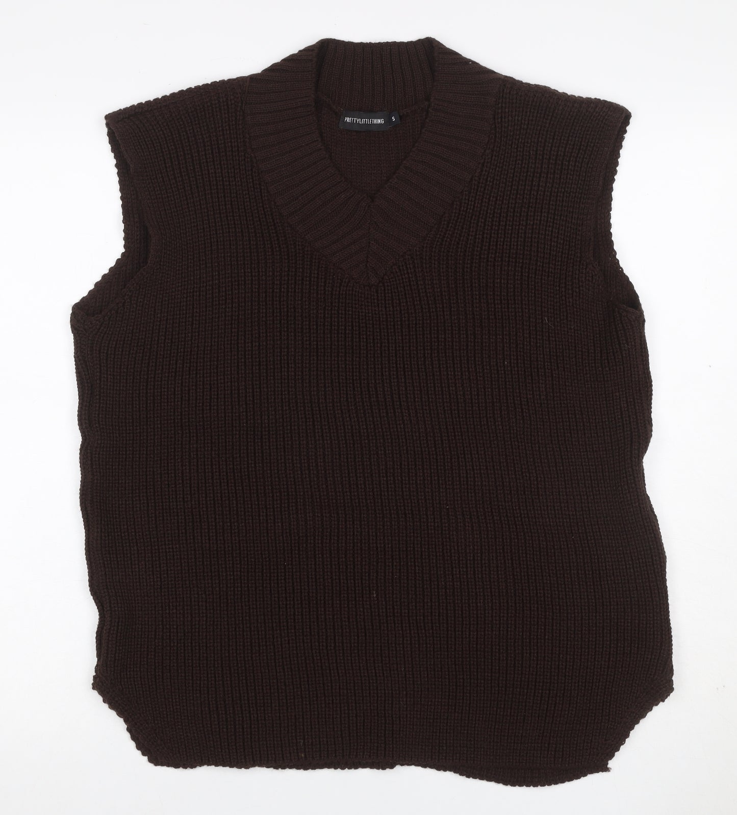 PrettyLittleThing Women’s Brown S V-Neck Sleeveless Rib Knit Jumper Vest