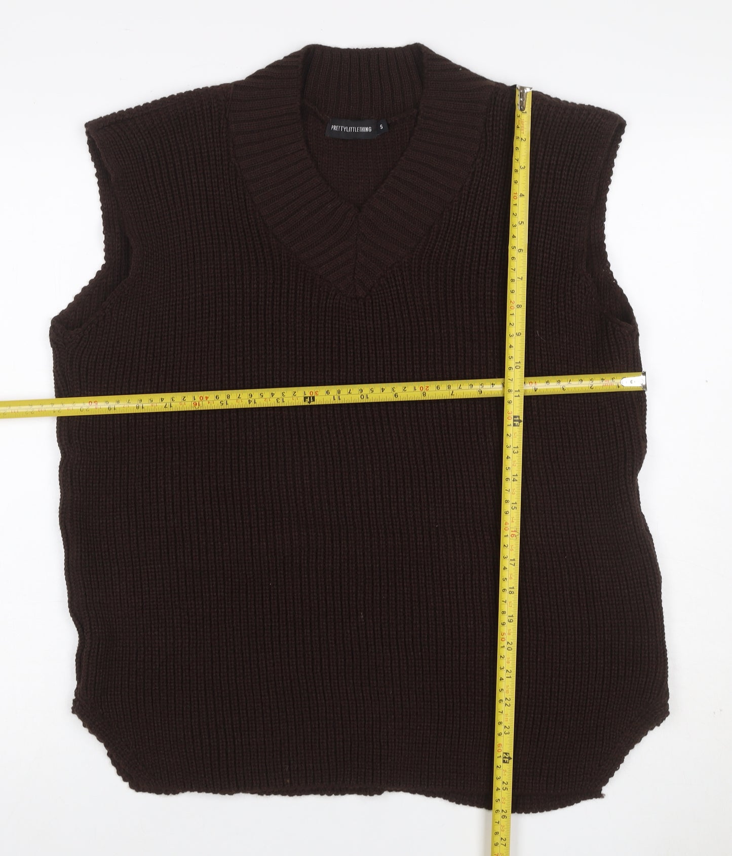 PrettyLittleThing Women’s Brown S V-Neck Sleeveless Rib Knit Jumper Vest