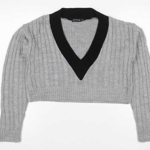 PrettyLittleThing Women’s Grey S Cable Knit V-Neck Cropped Jumper