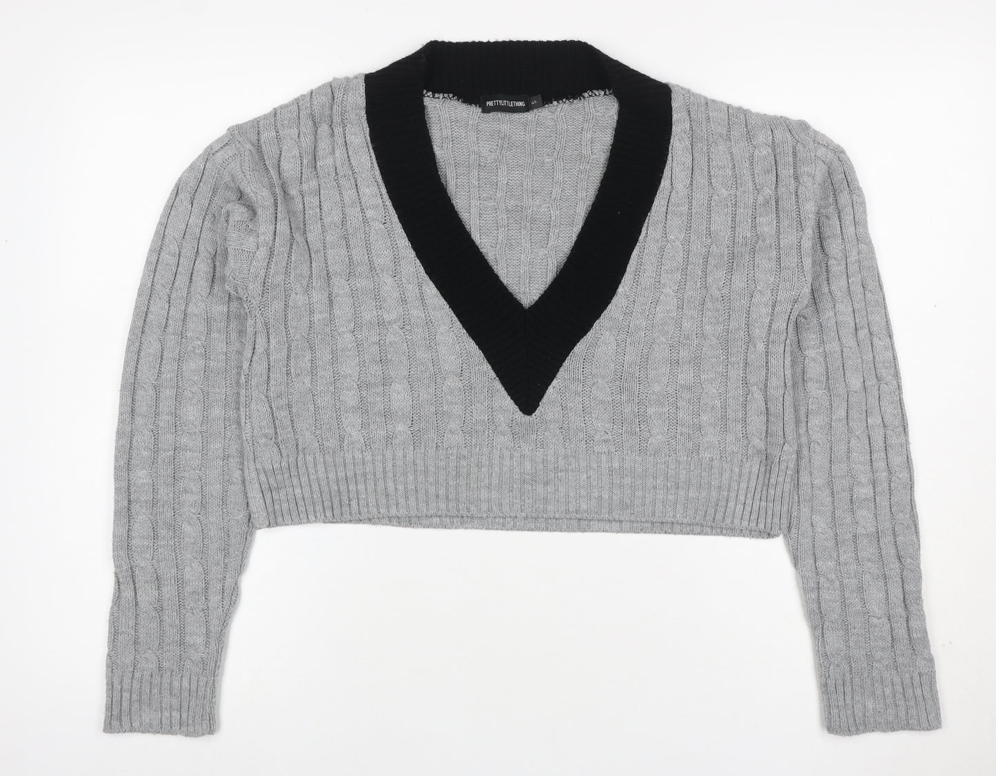 PrettyLittleThing Women’s Grey S Cable Knit V-Neck Cropped Jumper