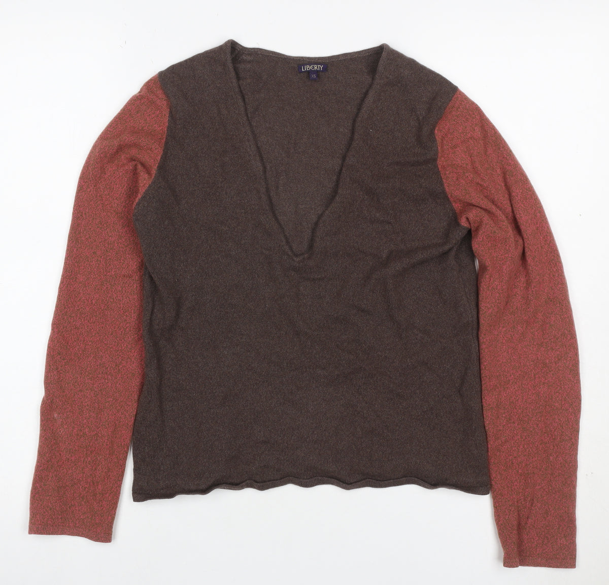 Liberty Women’s Brown Red V-Neck XS Fine Knit Raglan Sleeve Jumper