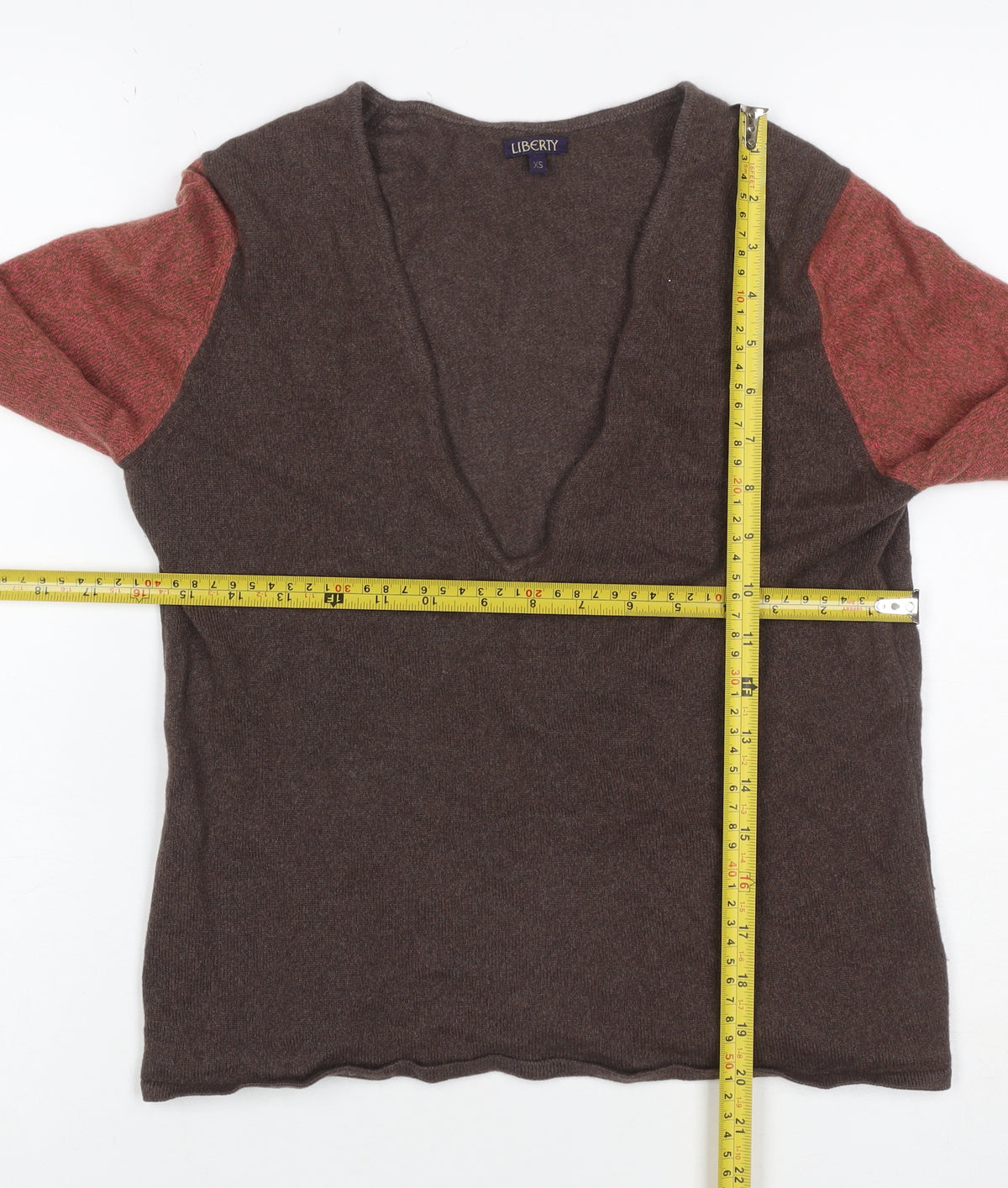 Liberty Women’s Brown Red V-Neck XS Fine Knit Raglan Sleeve Jumper
