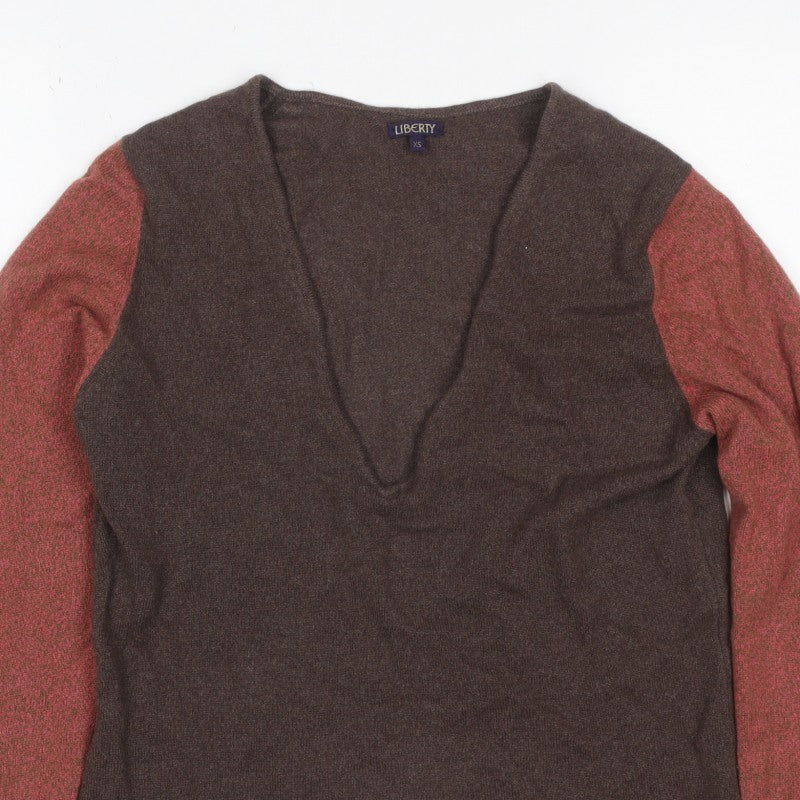 Liberty Women’s Brown Red V-Neck XS Fine Knit Raglan Sleeve Jumper