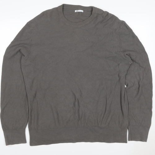 Zara Men Grey XL Cotton Crew Neck Fine Knit Pullover Jumper