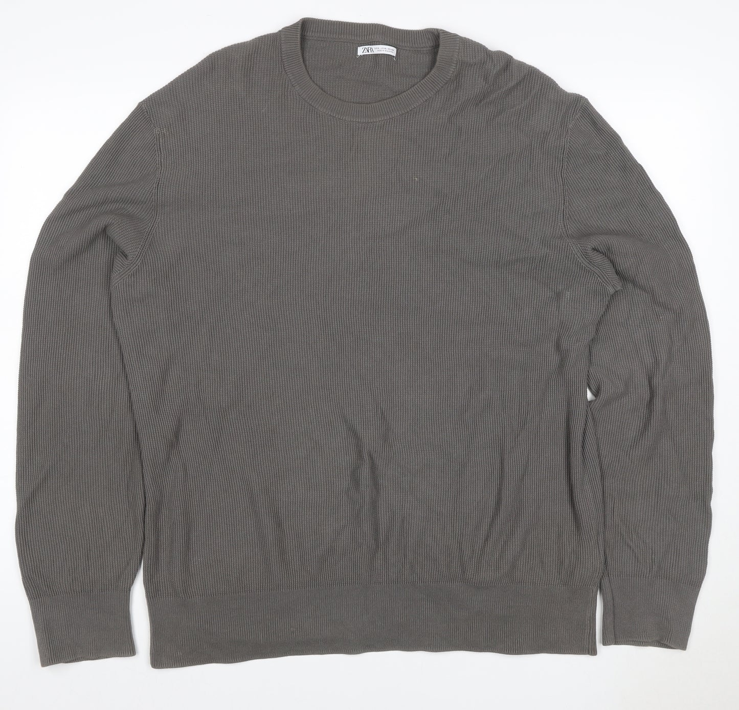 Zara Men Grey XL Cotton Crew Neck Fine Knit Pullover Jumper