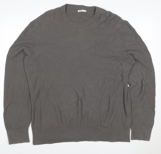 Zara Men Grey XL Cotton Crew Neck Fine Knit Pullover Jumper