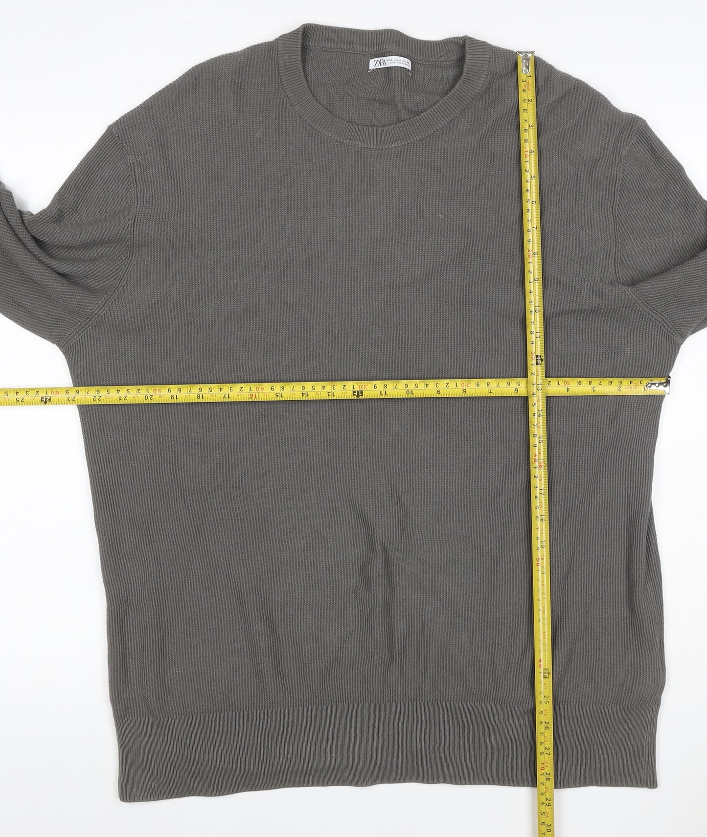 Zara Men Grey XL Cotton Crew Neck Fine Knit Pullover Jumper