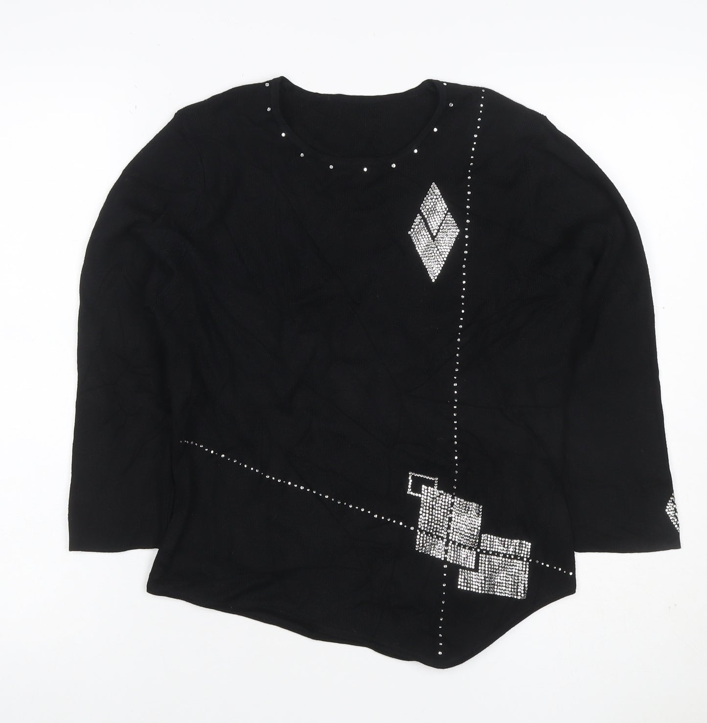 Sopian Women Black S/M Rhinestone Geometric Long Sleeve Pullover Jumper