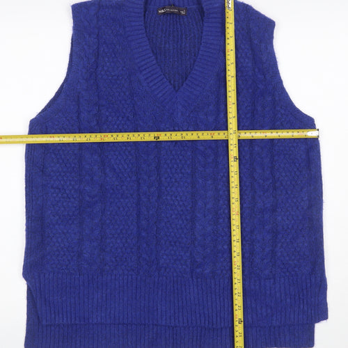 Marks and Spencer Women Blue L Cable Knit V-Neck Sleeveless Jumper Vest