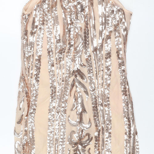 Parisian Women Beige Sequin Floral Bodycon Mini Party Dress UK 10