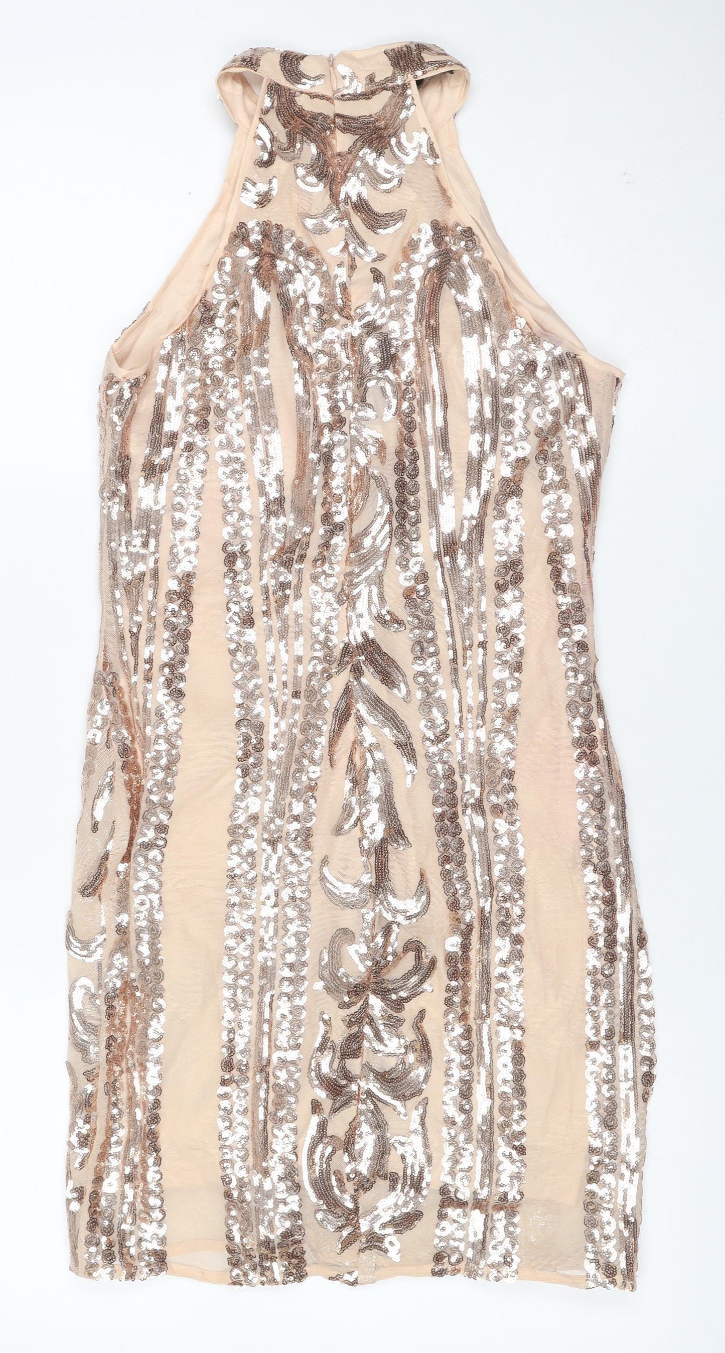 Parisian Women Beige Sequin Floral Bodycon Mini Party Dress UK 10