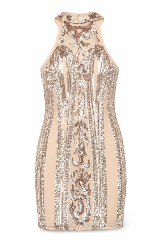 Front view of Parisian Women Beige Sequin Floral Bodycon Mini Party Dress UK 10