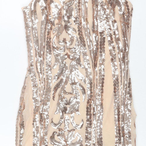 Parisian Women Beige Sequin Floral Bodycon Mini Party Dress UK 10