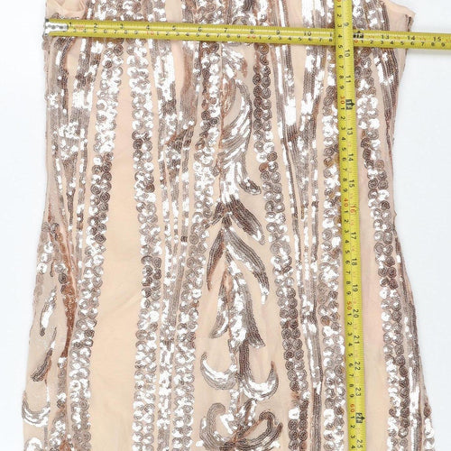 Parisian Women Beige Sequin Floral Bodycon Mini Party Dress UK 10
