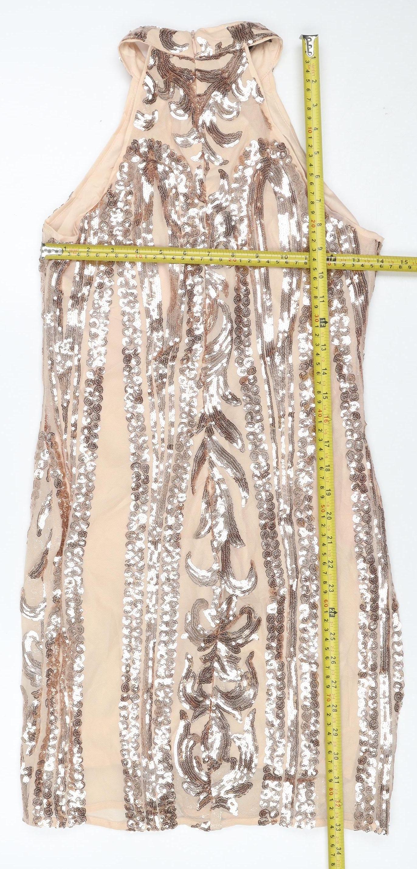 Parisian Women Beige Sequin Floral Bodycon Mini Party Dress UK 10