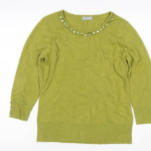 Per Una Women Green Size 14 Cotton Jewel Neck 3/4 Sleeve Pullover Jumper
