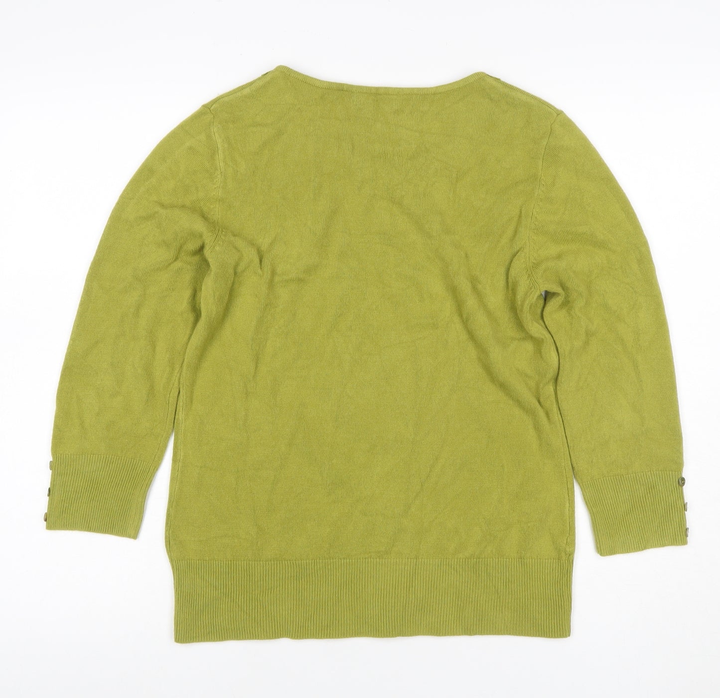 Per Una Women Green Size 14 Cotton Jewel Neck 3/4 Sleeve Pullover Jumper