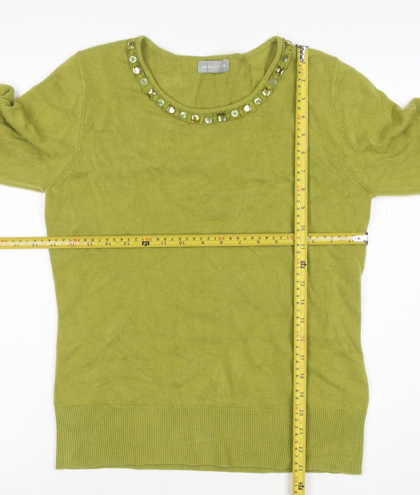 Per Una Women Green Size 14 Cotton Jewel Neck 3/4 Sleeve Pullover Jumper