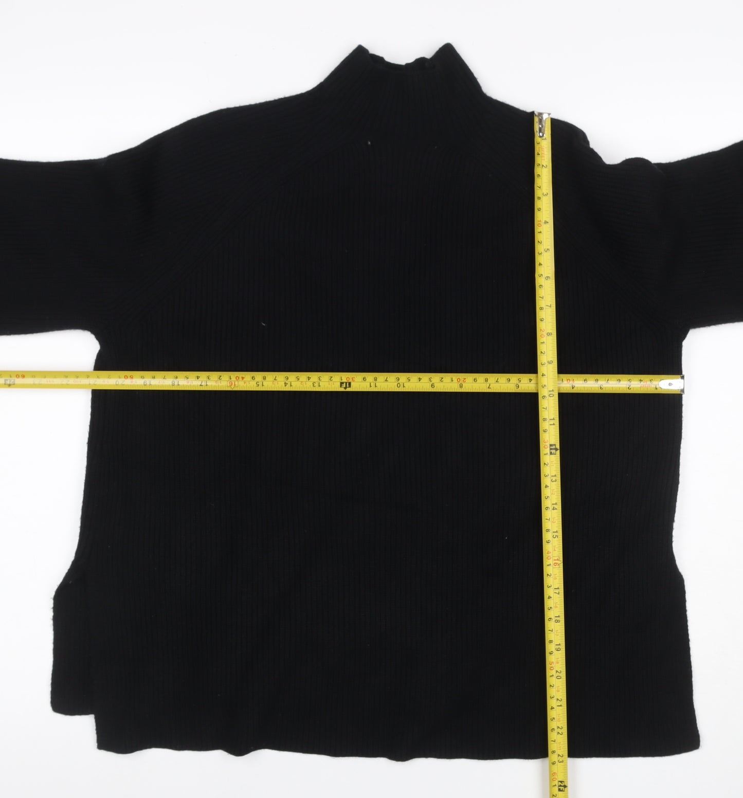 Zara Women Black S Ribbed Mock Neck Knit Jumper Raglan Long Sleeve
