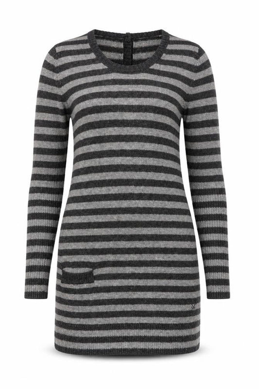 Front view of Crew Clothing Women Grey Stripe, size 10, Cowl Neck Jumper Dress