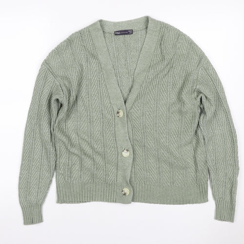 Marks & Spencer Women Green M Cable Knit V-Neck Button Cardigan