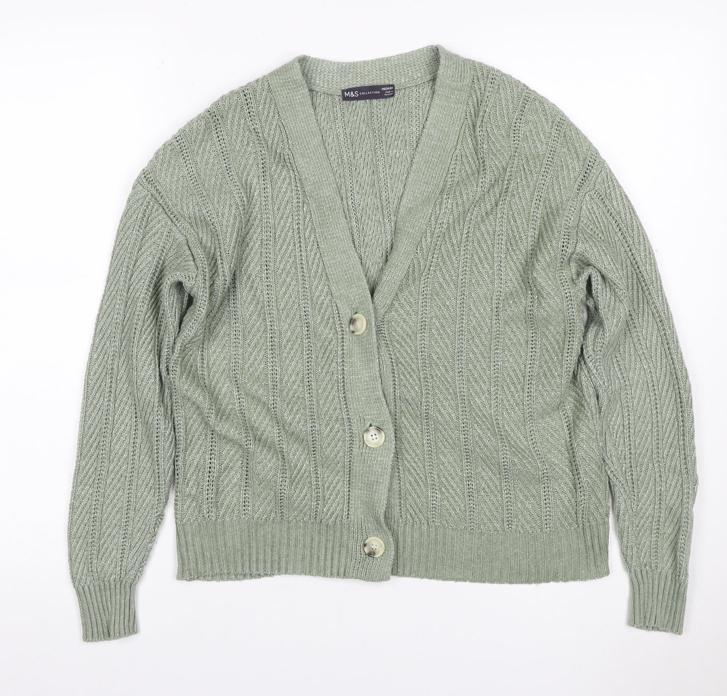 Marks & Spencer Women Green M Cable Knit V-Neck Button Cardigan