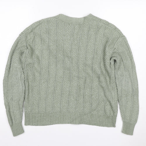 Marks & Spencer Women Green M Cable Knit V-Neck Button Cardigan